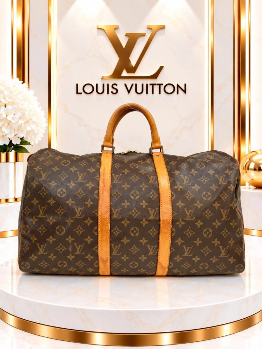Authentic Louis Vuitton Keepall 50 Monogram Canvas Vintage Travel Duffle Bag LV